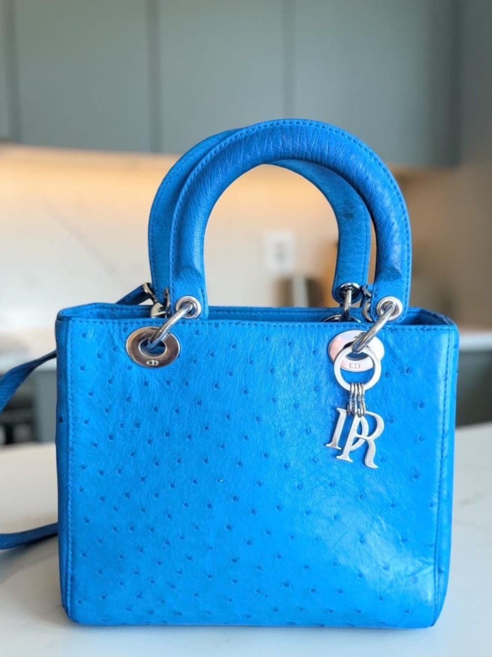 Beautiful Blue Ostrich-Textured Lady Tote with DR Charm